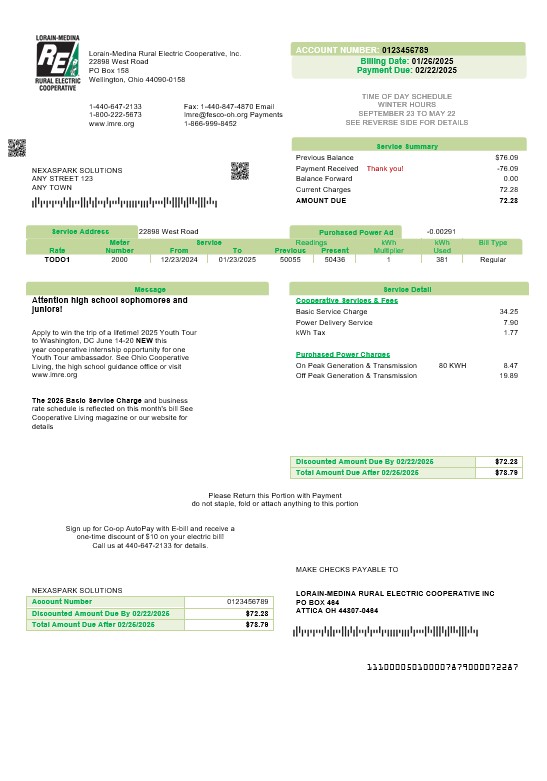 USA Ohio Lorain Medina Rural Electric business utility bill template in Word and PDF formats